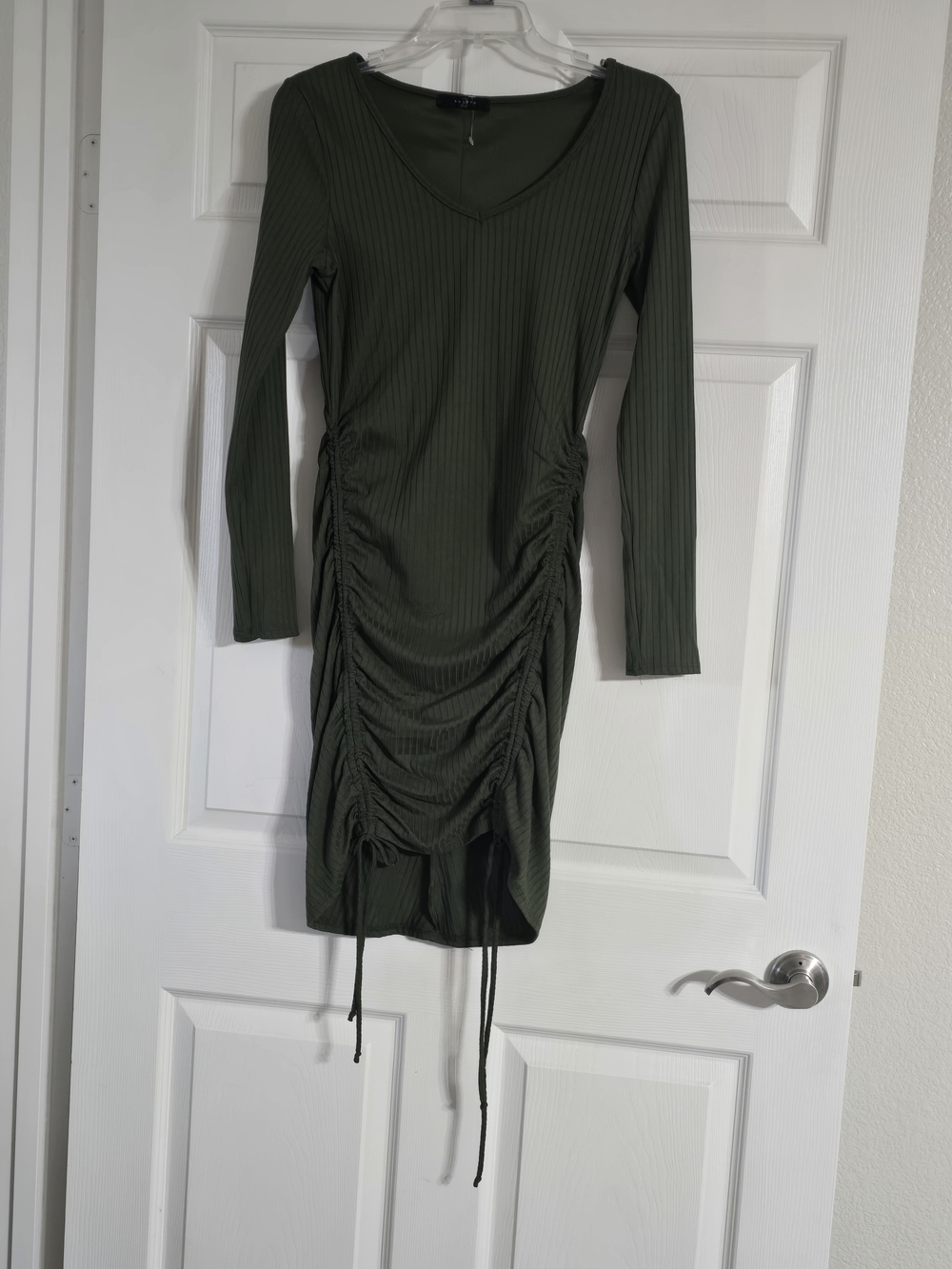 Ruched V-Neck Long Sleeve Midi Dress in Olive Green
